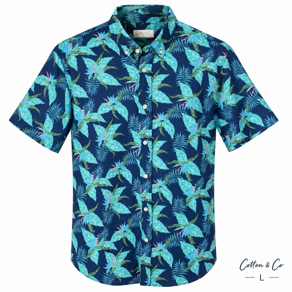 Cotton & Co Shirt Men's L Blue Aloha Tropical Leaf Print Button Up Short Sleeve